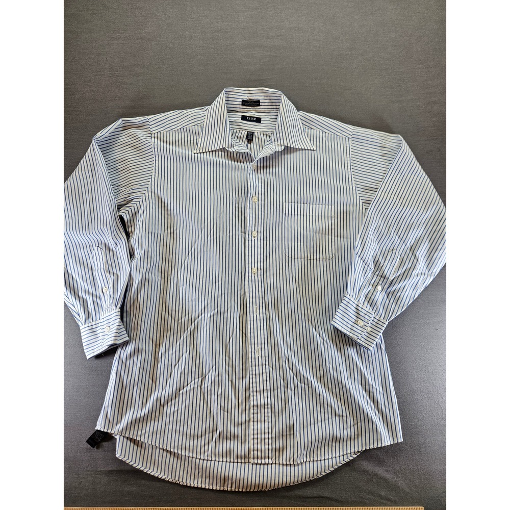 IZOD Mens Blue White Striped Poplin Dress Shirt Easy Care Large 16.5 34/35